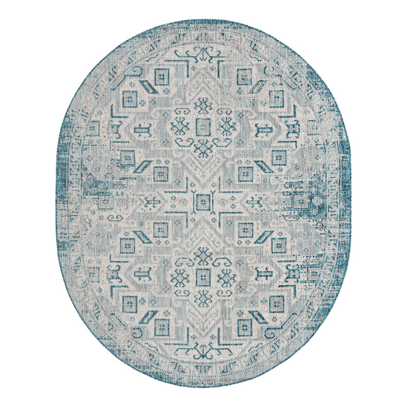 Tapis bleu sarcelle intérieur / extérieur Amhlaidh Southwestern, Ovale 7 pi 10 po x 10 pi