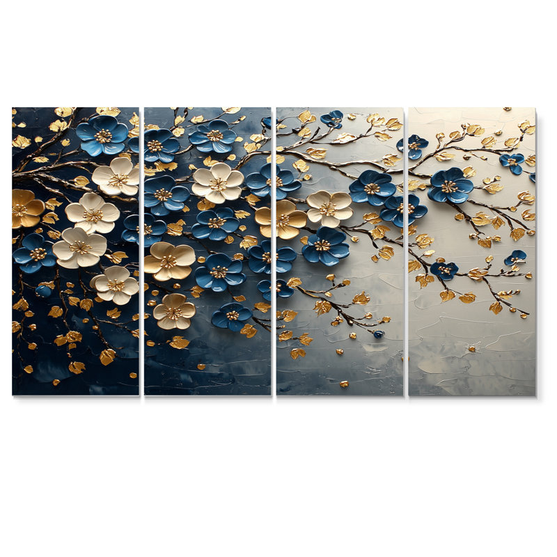 Ensemble de décorations murales cerisier bleu en or bleu II, H 32 po x l 64 po