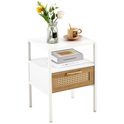2 pièces table de chevet avec tiroir 15,98 po, blanc moderne pour la chambre à coucher et le salon, pieds en métal, tables d'appoint et assemblage faciles à nettoyer