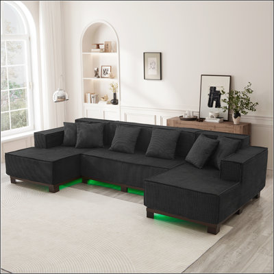 Modern U-Shaped Sectional Sofa with RGB LED Light Strip and 6 Pillows for Spacious Living Room Comfort and Ambiance