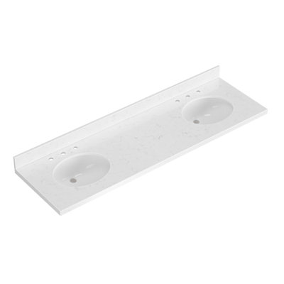 Ariel 72 Inch Carrara White Quartz Bathroom Vanity Countertop 1.5 Inch Thick Mitre Edge With Oval Double Sink And Includes Backsplash