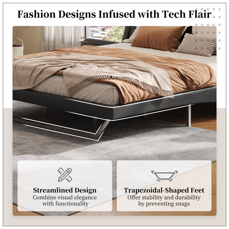 Grand lit plateforme en cuir PU avec vagues, noir, Grand, Noir