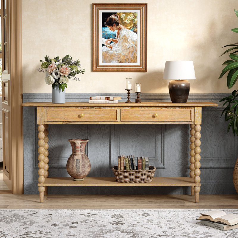 Console rétro avec 2 tiroirs, tablette et pieds sphériques Liora, Naturel