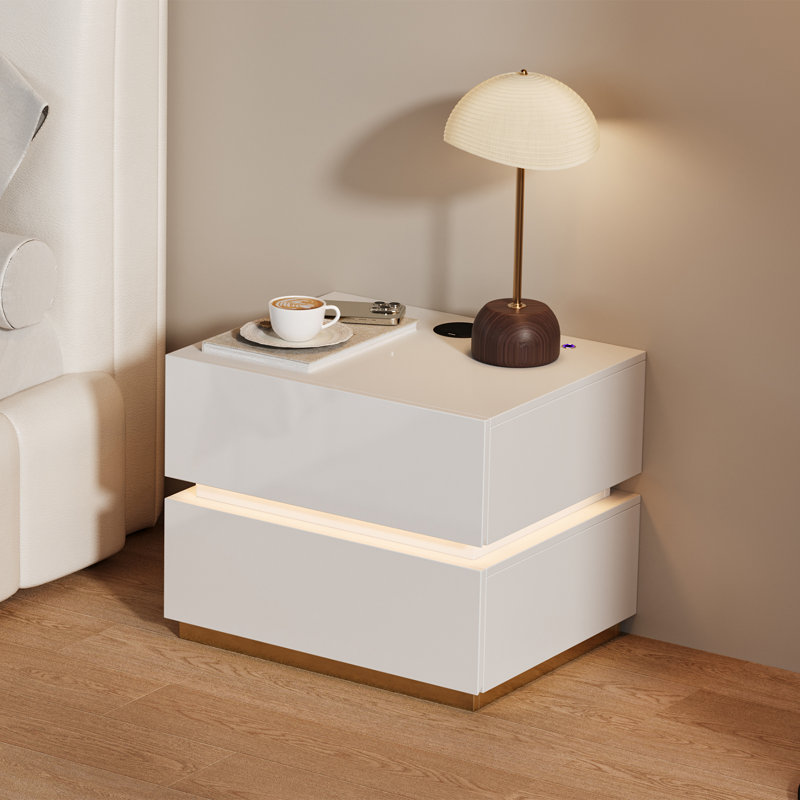 2-Drawer LED Smart White Nightstand with Wireless Charger for Bedroom, White