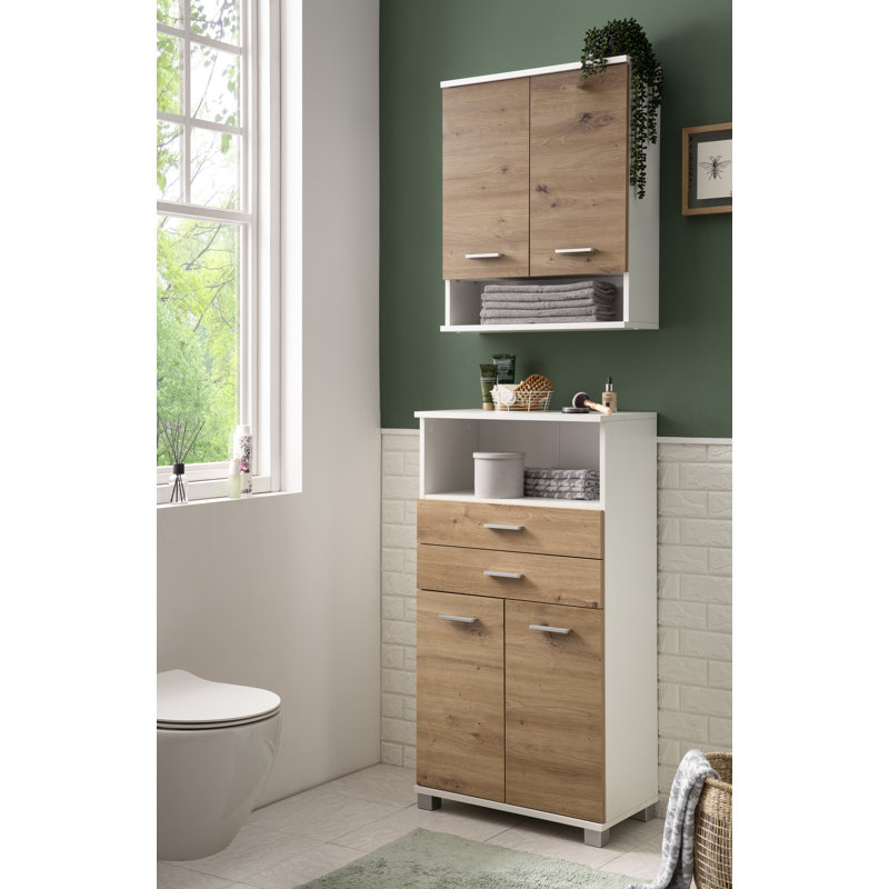 Hafley Bathroom Cabinet, Matte White/Artisan Oak Decor/Silver