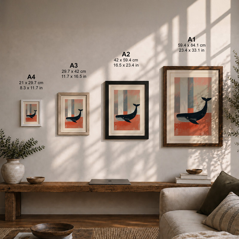 Whale in Geometry Mid-Century - Framed Print, A1 - 84.1 x 59.4 cm, Walnut