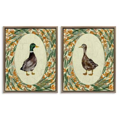 Country Floral Duck Portraits 2pc Floating Frame Set, design by Yen