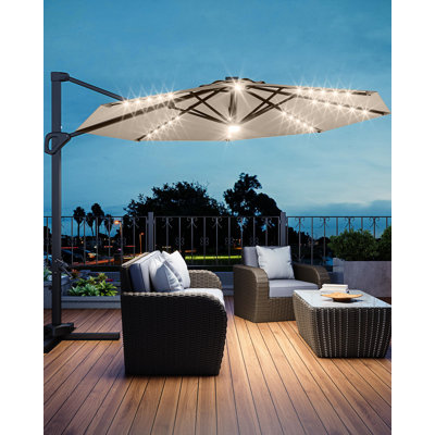 Parasol de patio en porte-à-faux solaire de 10 pi à DEL, abat-jour de marché extérieur pivotant à 360 degrés avec lumières, inclinaison facile, base croisée pour la cour, la terrasse et le bord de la piscine