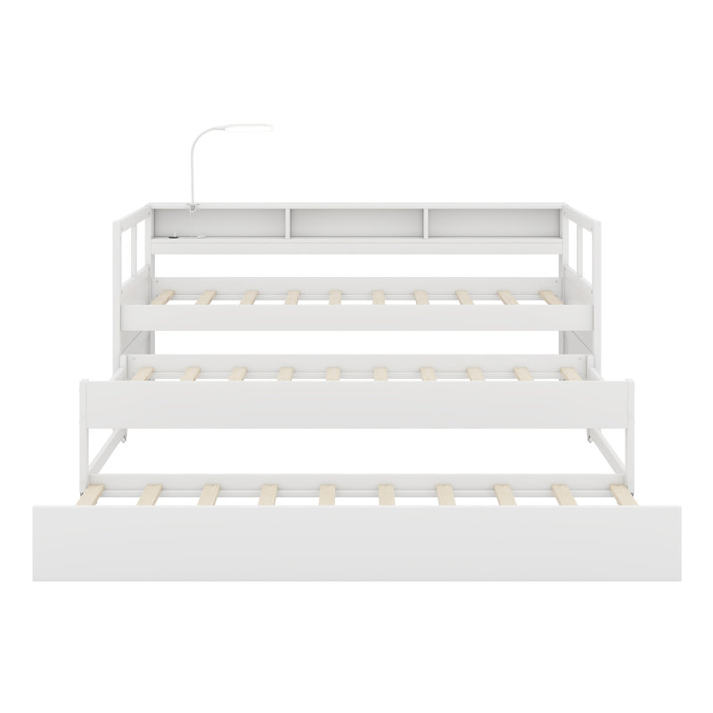 Daybed With 2 Trundles, Storage Shelves, 1 Light For Free And USB Charging Design, White