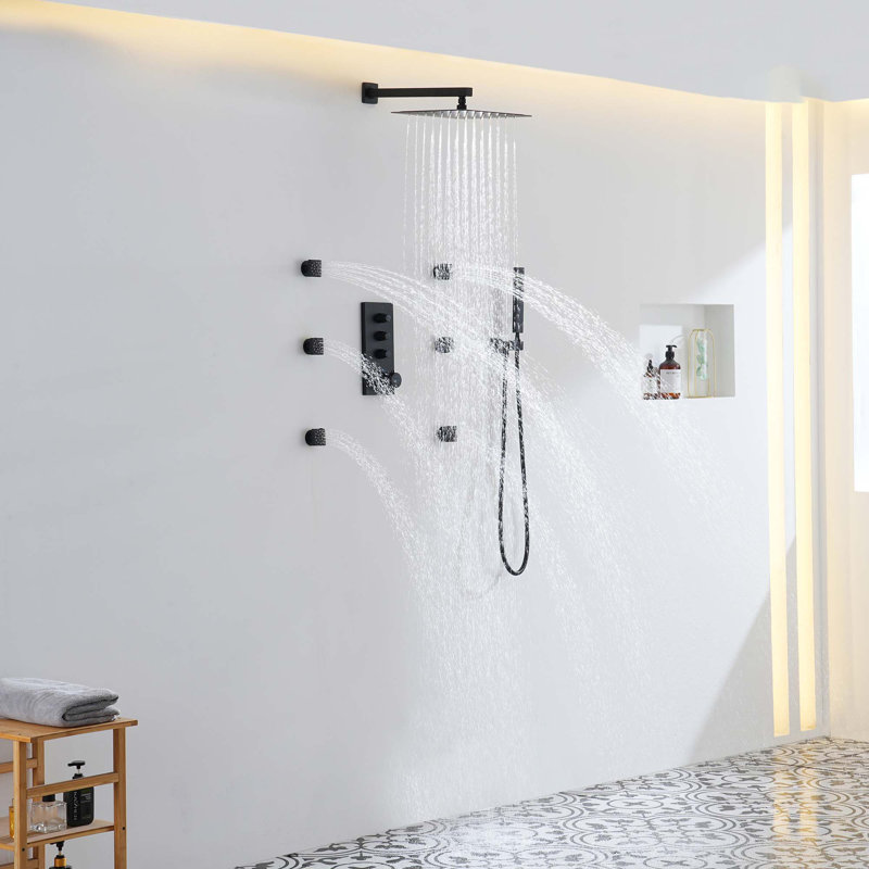 3 Functions 12" Wall Mount Thermostatic Shower System, Black