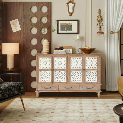 59.06" Chic Natural Wood Accent Cabinet, 4 Doord 3 Drawers Sideboard Buffet With Adjustable Shelves, Stylish Storage For Living Room, Kitchen, And Din by Rosecliff Heights
