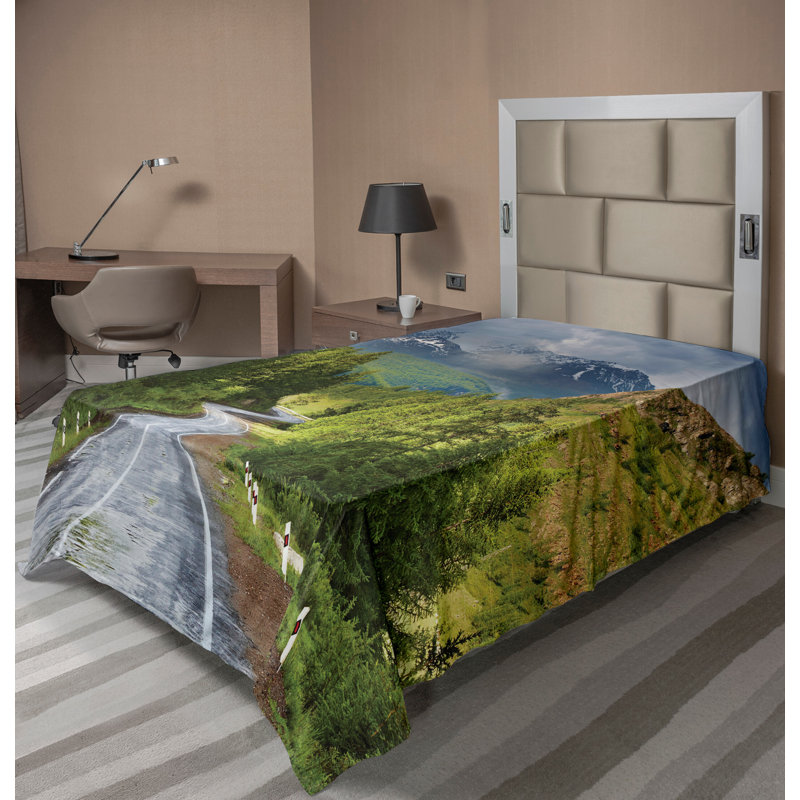 Ambesonne Nature Top Flat Sheet Mountain Landscape Road Green Grey Brown, Twin Flat Sheet