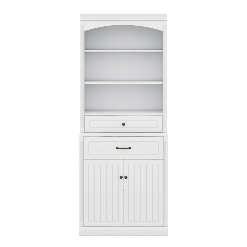 Armoire de rangement de salle de bain avec 2 portes, tiroirs, tablette réglable et 3 tablettes ouvertes, pour la salle de bain, la cuisine, le salon