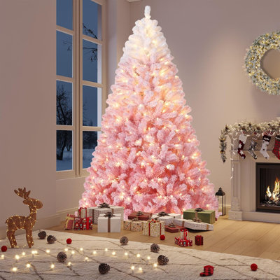4.5 FT Pink Christmas Tree, Artificial Snow Flocked Christmas Tree with LED Lights & Metal Stand, Prelit Xmas Holiday Decoration for Home, Office, Party