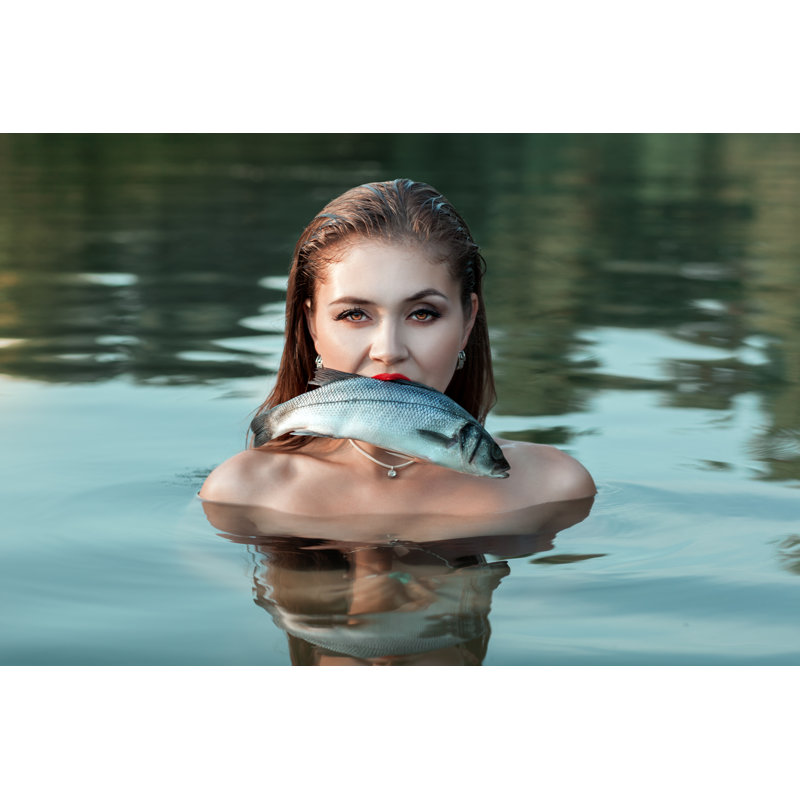 Girl Holding A Fish In His Mouth. - Wrapped Canvas Print, 20cm H x 30cm W x 3.8cm D