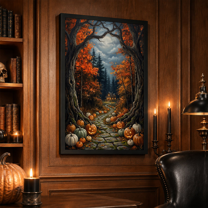 «Autumn Forest Path with Glowing Jack O Lanterns», art mural sur toile, H 36 po x l 24 po