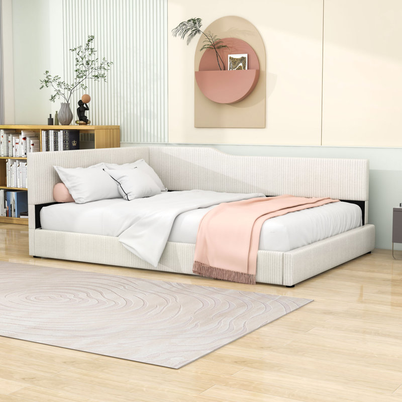 Lit de jour rembourré en bois et velours côtelé, Beige, Lit double