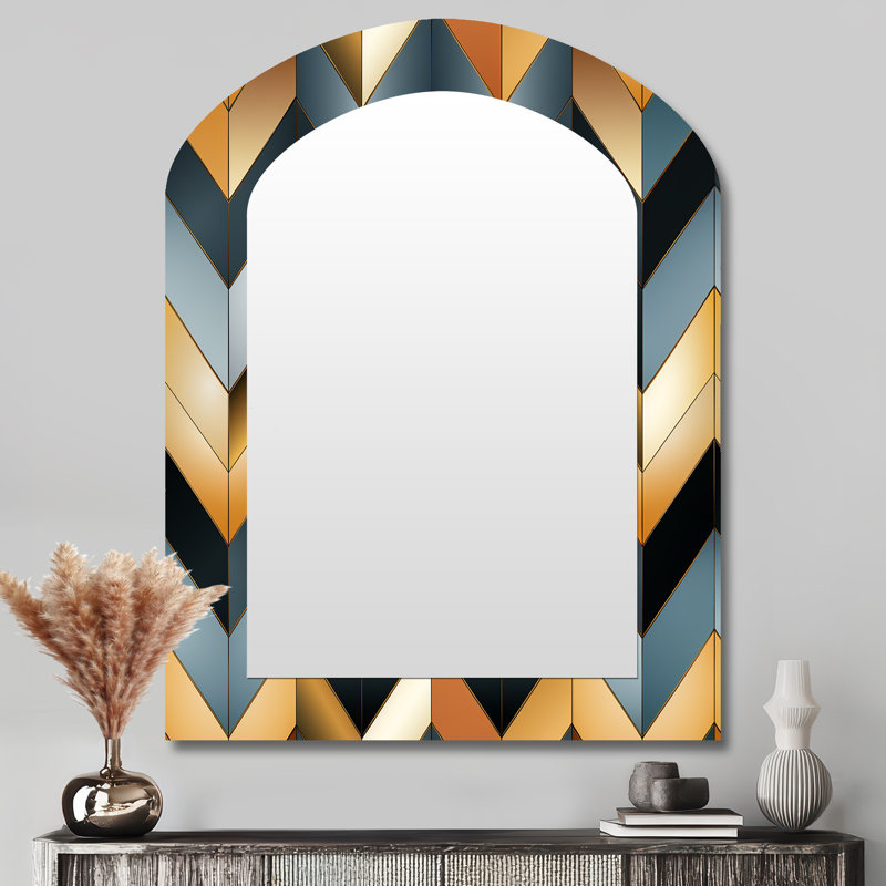 Motif de chevrons élégance urbaine dorée - miroir unique à chevron asymétrique, grand miroir mural en arc doré, impression d'art en métal