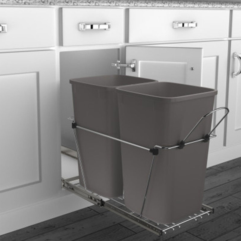 Rev-A-Shelf Double Pull Out Trash Can 35 Qt for Kitchen, Metallic Silver, 35 quart