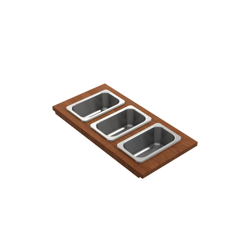 Wood Board With 3 Rectangular Stainless Steel Bowls F/1344, 1348, 1360, 1362, 1504, 1505, 1506 (Short Side Only), 1627, 1628