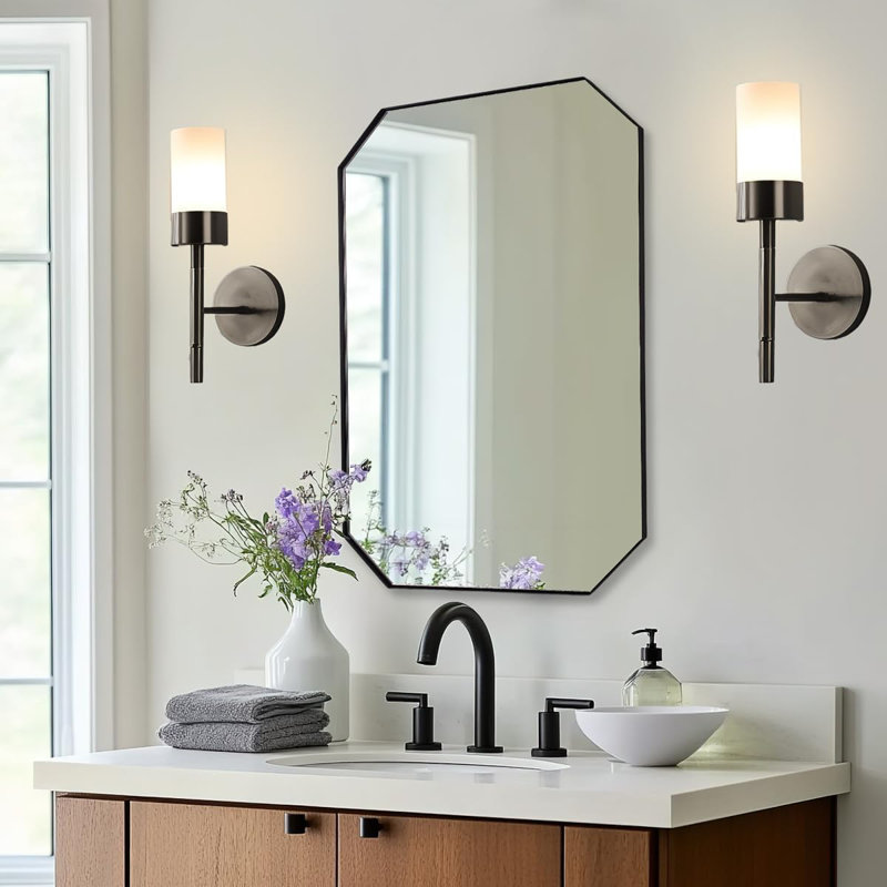 Contemporary Cut Corner Octagonal Scalloped Bathroom Vanity Mirror | Stainless Steel Frame, Matte Black, 30" x 22"