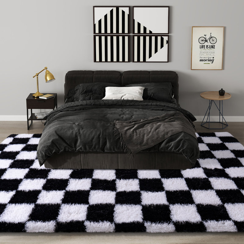Checkered Series—Soft black-and-white checkered velvet area rugs, slip-resistant and stain-resistant, perfect for nurseries, bedrooms, and children's rooms.