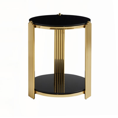 Modern Coffee Table, Double-Layer Tempered Black Glass & Gold Stainless Steel Frame, Easy Assembly, Stylish and Functional
