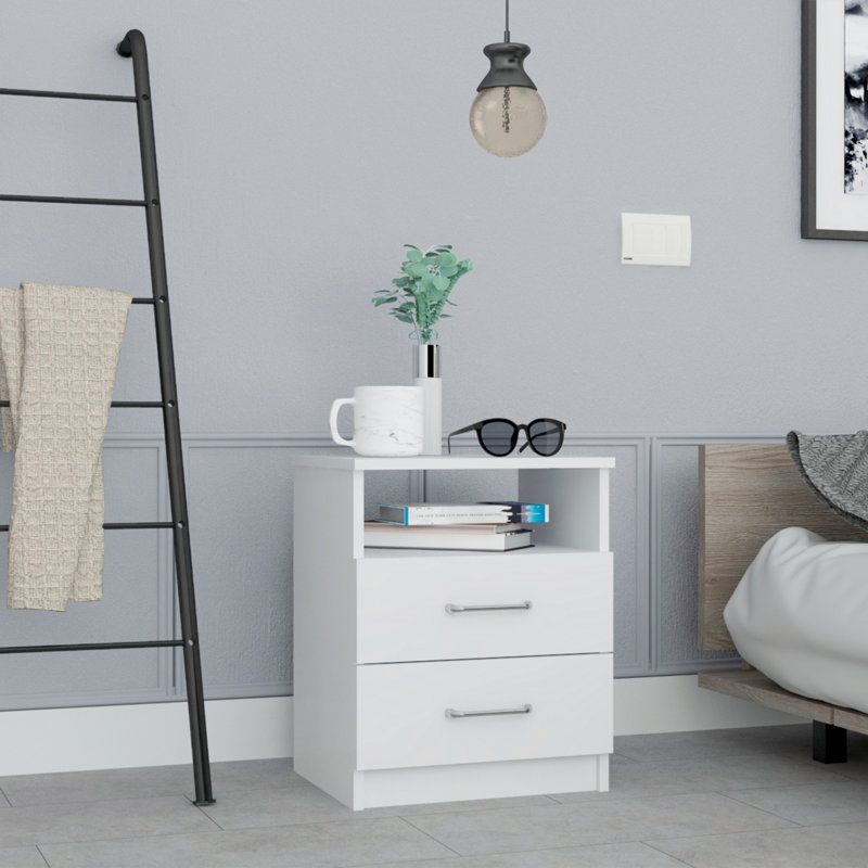 Table de chevet, table de bout, plateau supérieur, deux tiroirs, une tablette, Blanc