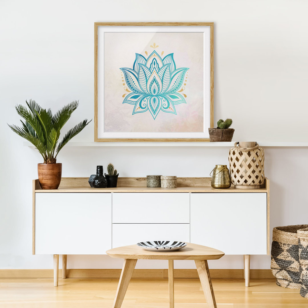 Gerahmtes Poster-Lotus-Illustrations-Mandala-Goldblau