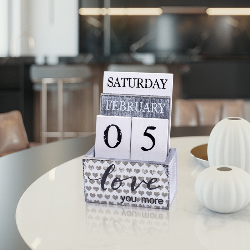 Calendrier perpétuel avec blocs en bois et calendrier en bois rétro pour les accessoires de bureau à domicile, Love You More