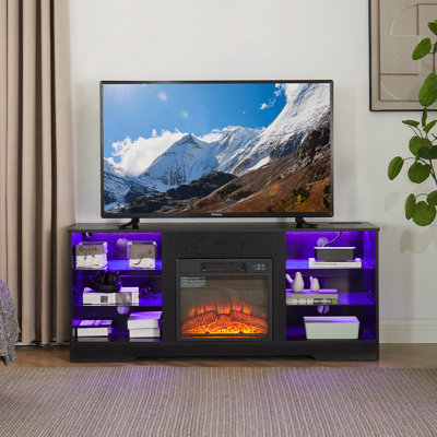 Meuble télé avec foyer électrique et tablettes en verre, meuble télé 3D avec lumières DEL en bois