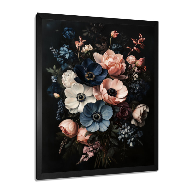Bouquet d'anémones de minuit - Décoration murale sur toile encadrée à motif floral, H 44 po x l 34 po, Cadre photo noir