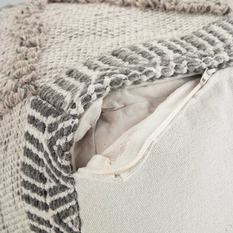 Pouf carré de 18 pouces de largeur en laine et coton gris et naturel