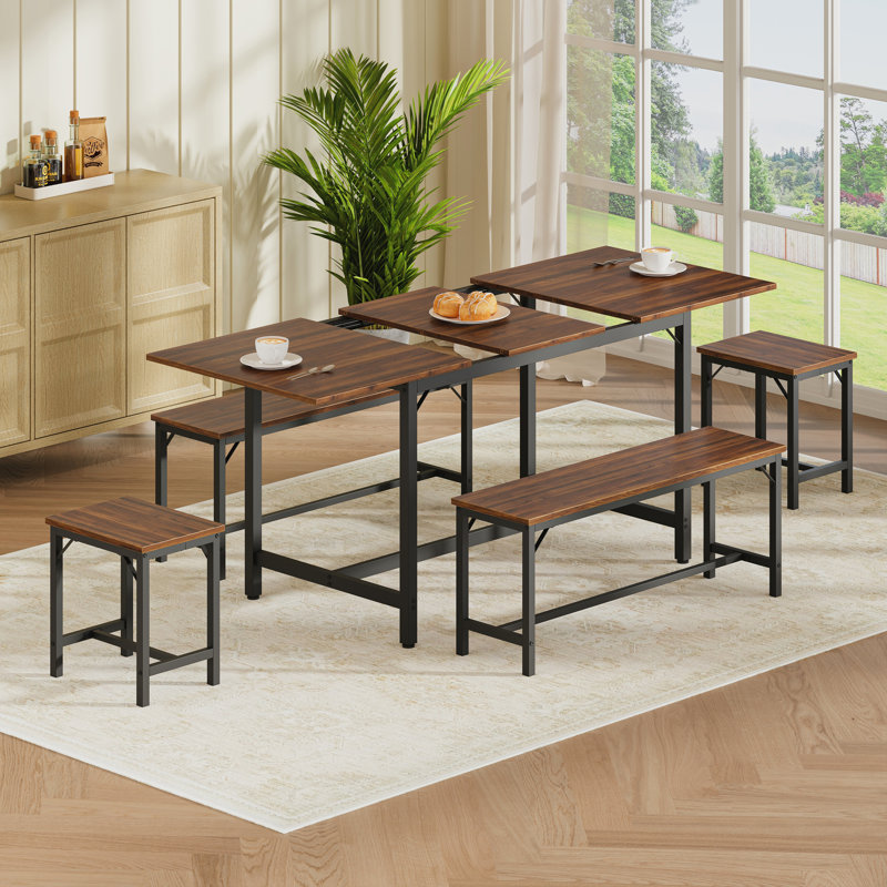 Expandable Dining Table Set for 4-8, 63" Large Extendable Kitchen Table with 2 Benches & 2 Stools, Modern Wood Top & Metal Frame, Space-Saving, Easy Assembly, Walnut.