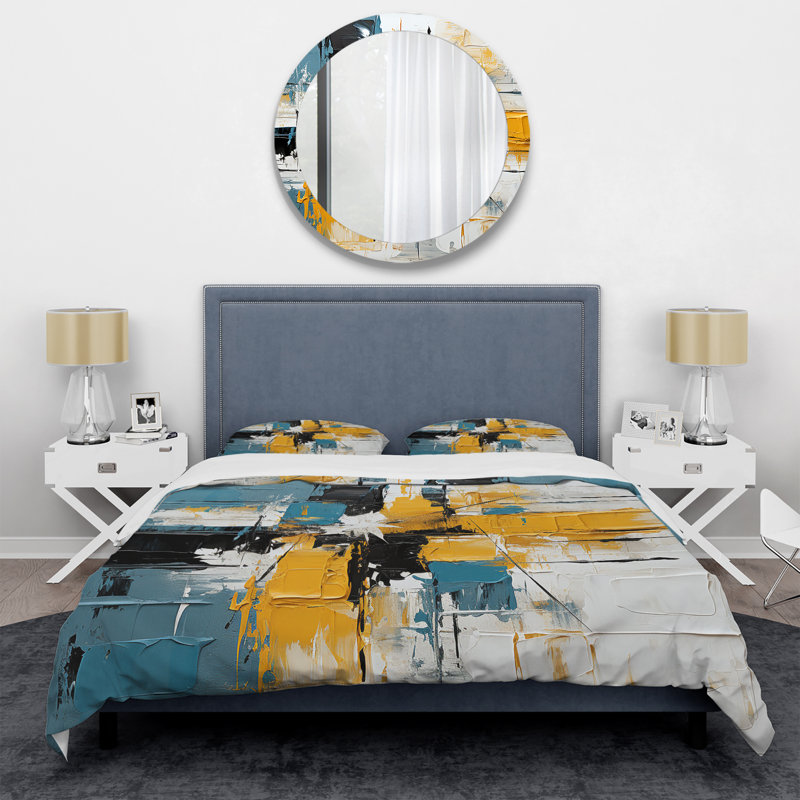 Peinture bleue et jaune Elegance I - Ensemble de housse de couette abstrait, Housse de couette pour très grand lit