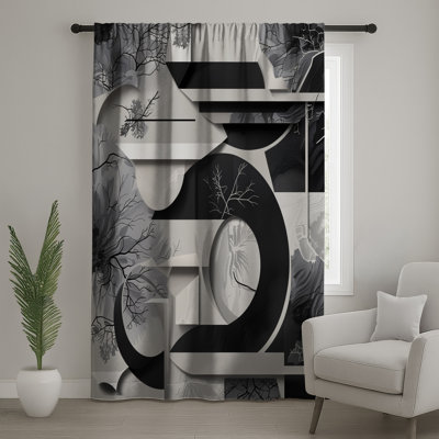 Monochrome Abstract Composition Window Curtains, Abstract Sheer & Blockout Curtains - 1 Panel