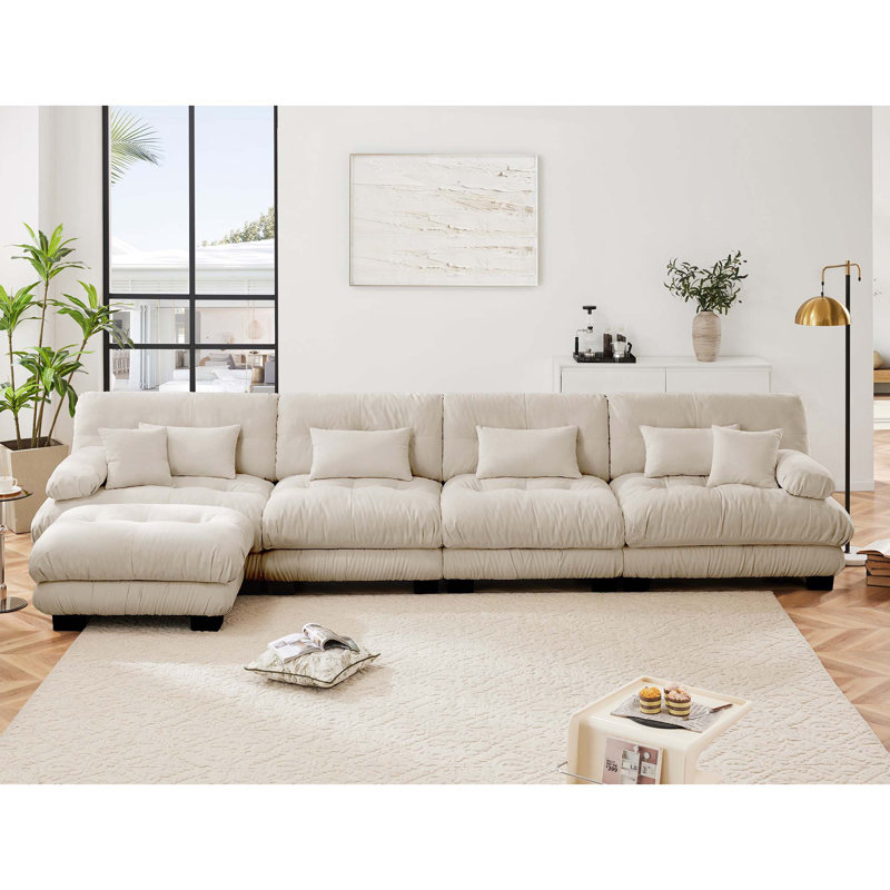 Canapé modulaire en forme de L à 4 places avec repose-pieds convertible, Chenille café clair