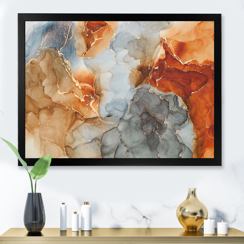 «Brown and Grey Luxury Abstract Fluid I», peinture sur toile, H 24 po x l 32 po x P 1 po, Cadre noir