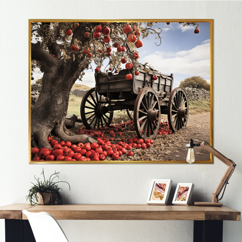 «Red Old Cart», icônes sur toile, H 34 po x l 44 po x P 1,5 po, Cadre flottant doré