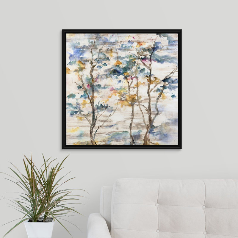 «Trio in Full Hue», peinture sur toile, H 25,7 po x l 25,7 po x p 1,75 po, Cadre flottant noir