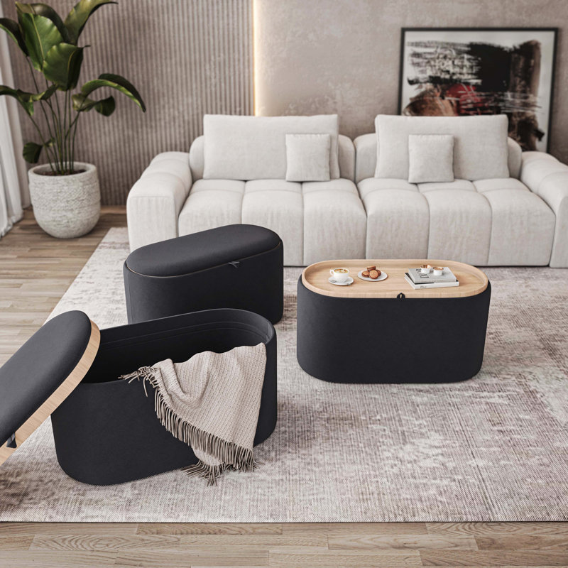 Repose-pieds avec rangement et plateau en bois réversible, Noir