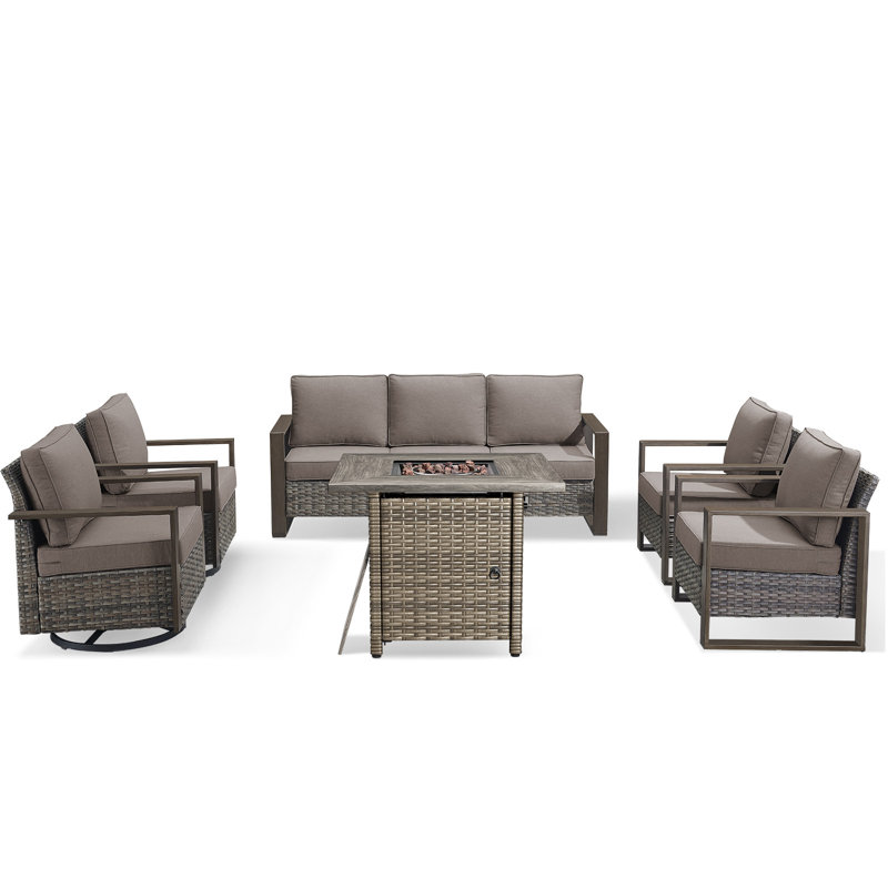 Palomares 6-Piece Outdoor Conversation Set With Swivel Gliders And Square Fire Pit Table, 7-Person Wicker Patio Seating With Armchairs