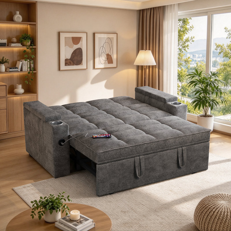 Canapé-lit convertible 3 en 1 de 165 cm avec lit gigogne, revêtement en chenille et table d'appoint pivotante à 360°, canapé pliant moderne pour salon