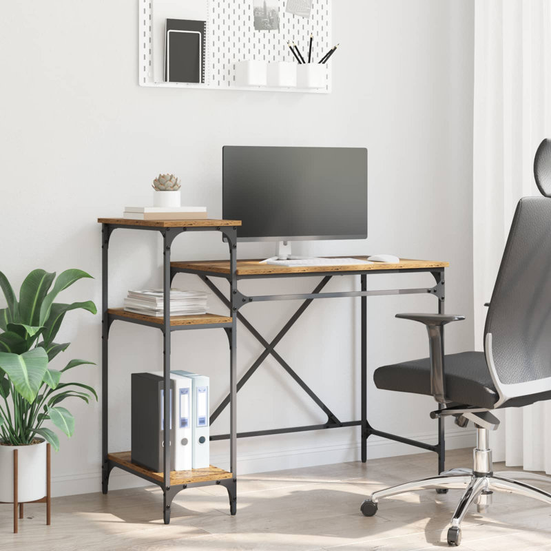 Steel Computer Desk, 90cm. H x 105cm. W x 50cm. D, Old Wood