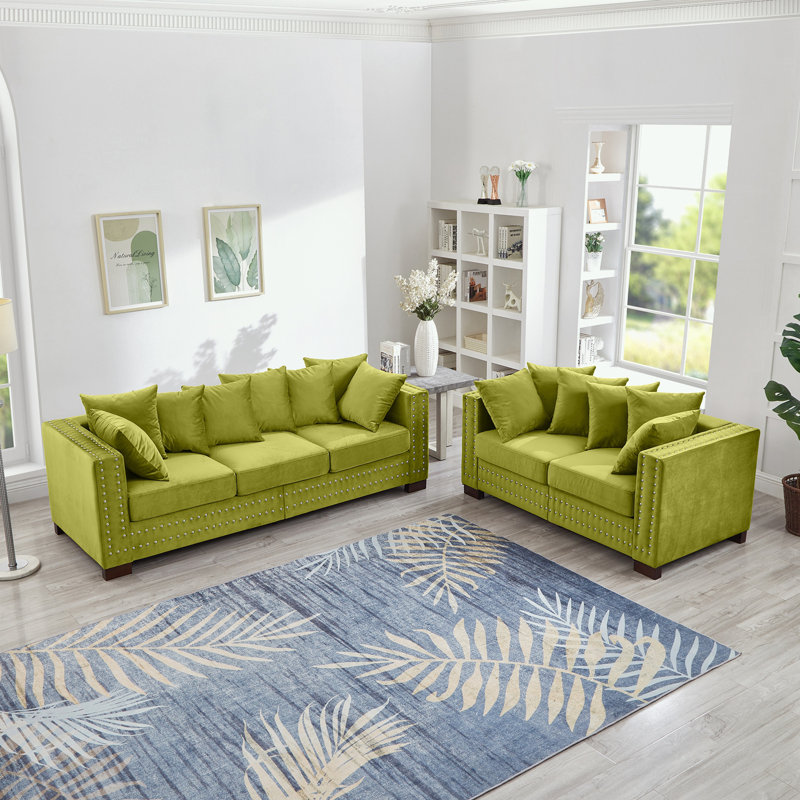 Canapé 2 + 3 places en velours avec accoudoirs carrés et décoration cloutée, Vert