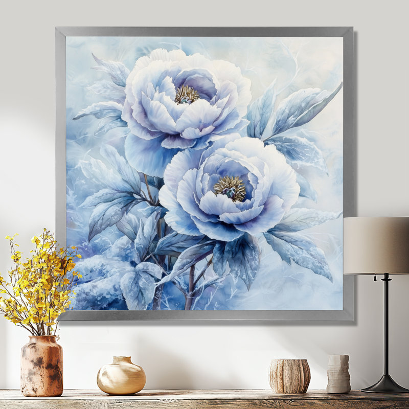 Pivoine bleue glacée - art mural pivoines, H 30 po x l 30 po, Reproduction encadrée d'une seule photo, Argent argent