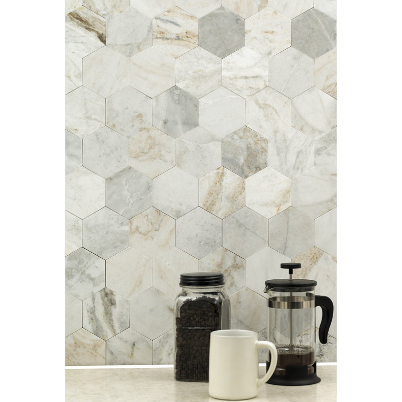 Tactiq Castella de Blanc Hexagon 10 in. x 12 in. Honed Marble Mosaic Floor and Wall Tile