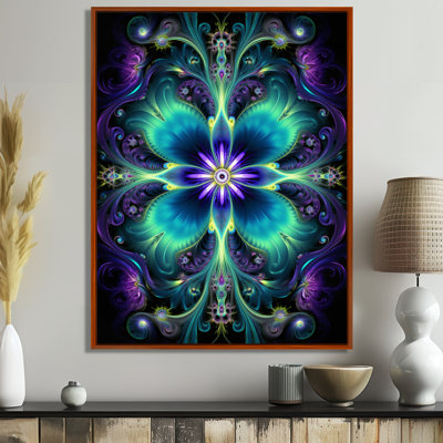 Turquoise néon fractal fleurs I - Boho Mandala Wall Art