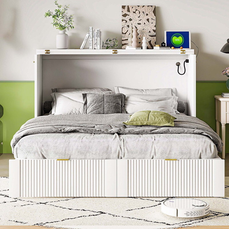 Lit double escamotable avec tiroir et ensemble de prises et ports USB, structure à poulie, blanc
