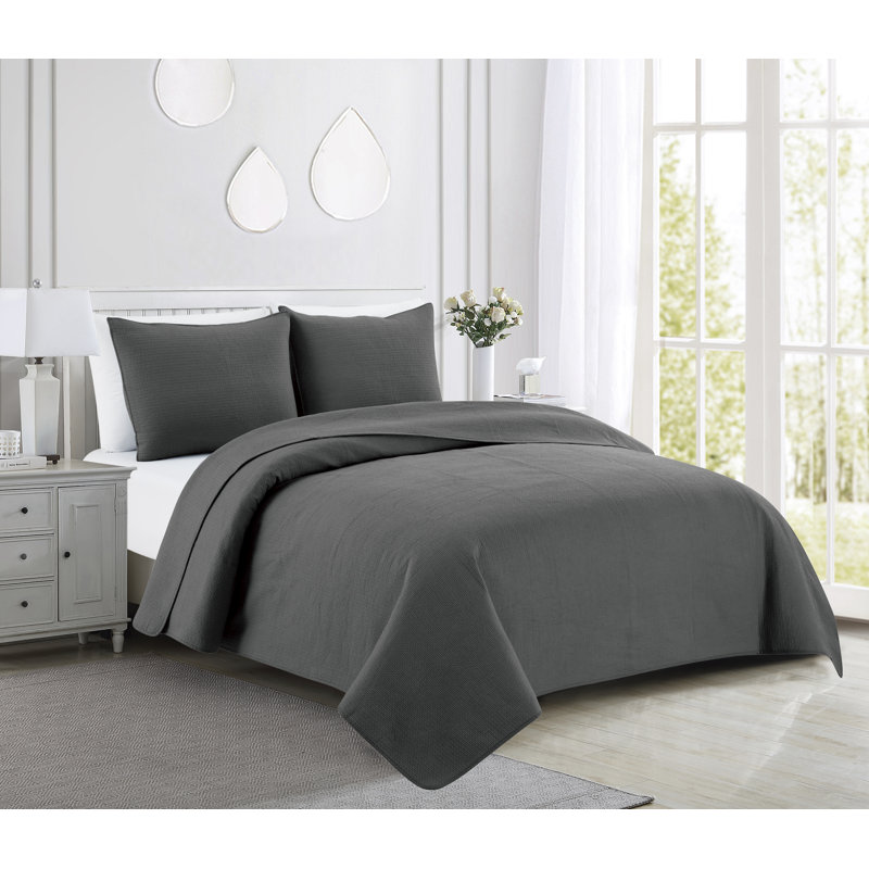 Sedna Modern & Contemporary Cotton Quilt, King Quilt + 2 King Shams, Charcoal